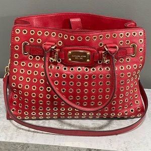 Michael Kors Hamilton Red Leather Large Gold Studded Grommet Tote/Bag/Purse